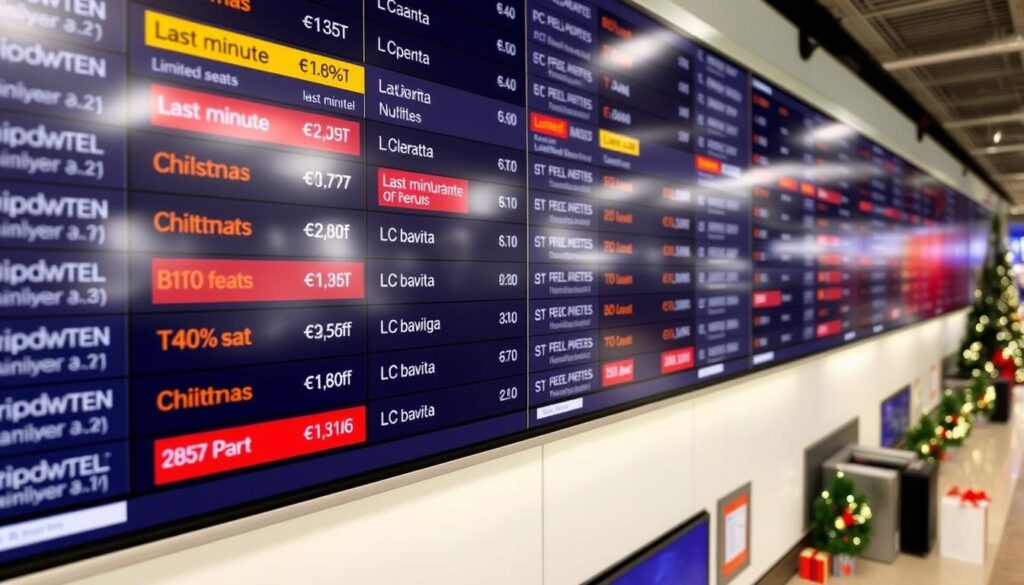 Anzeigetafel mit Last-Minute-Angeboten für billige Flüge über Weihnachten