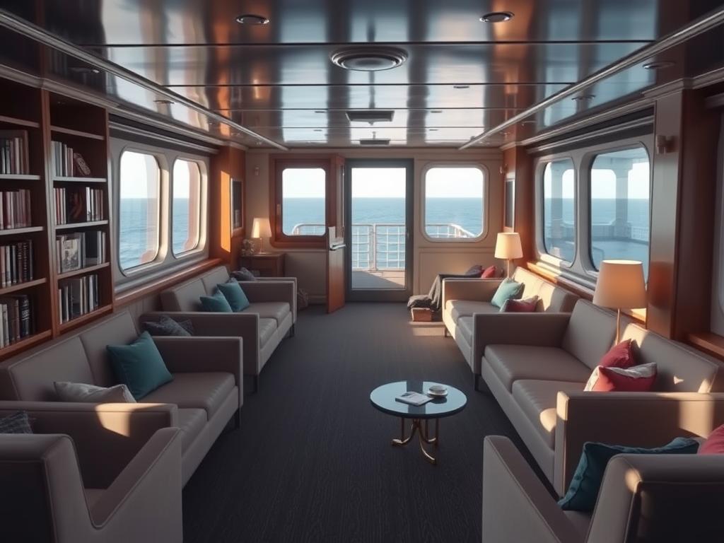 Aufenthaltsraum auf einem Frachtschiff mit Sitzgelegenheiten und Aussicht während einer Frachtschiffreise