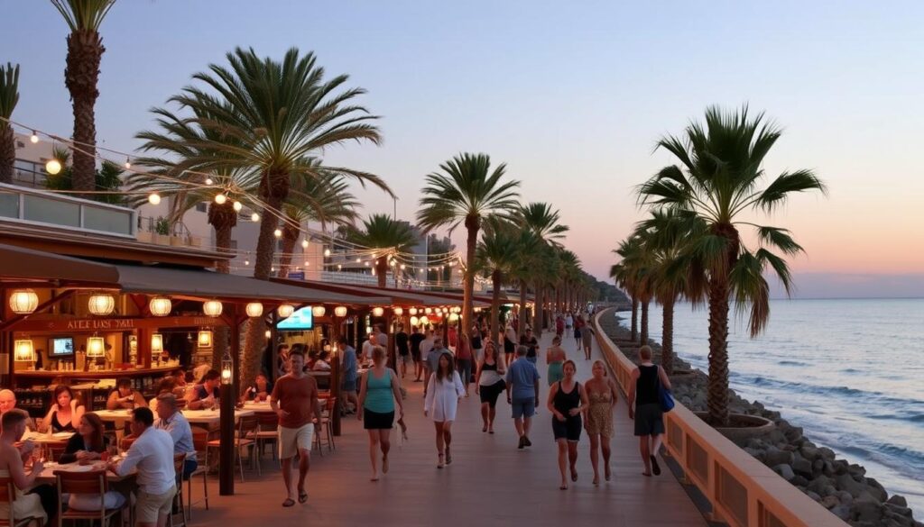 Belebte Strandpromenade mit Bars und Restaurants auf Mallorca an einem Sommerabend