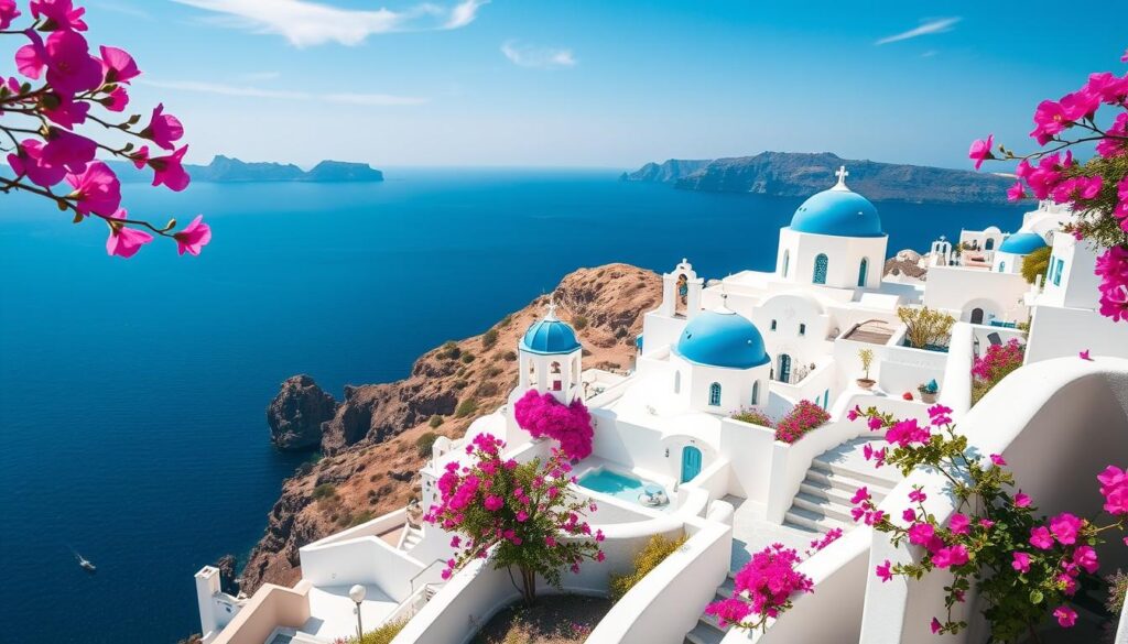 Blick auf Santorini im Frühling mit weißen Häusern, blauen Kuppeln und blühenden Bougainvillea