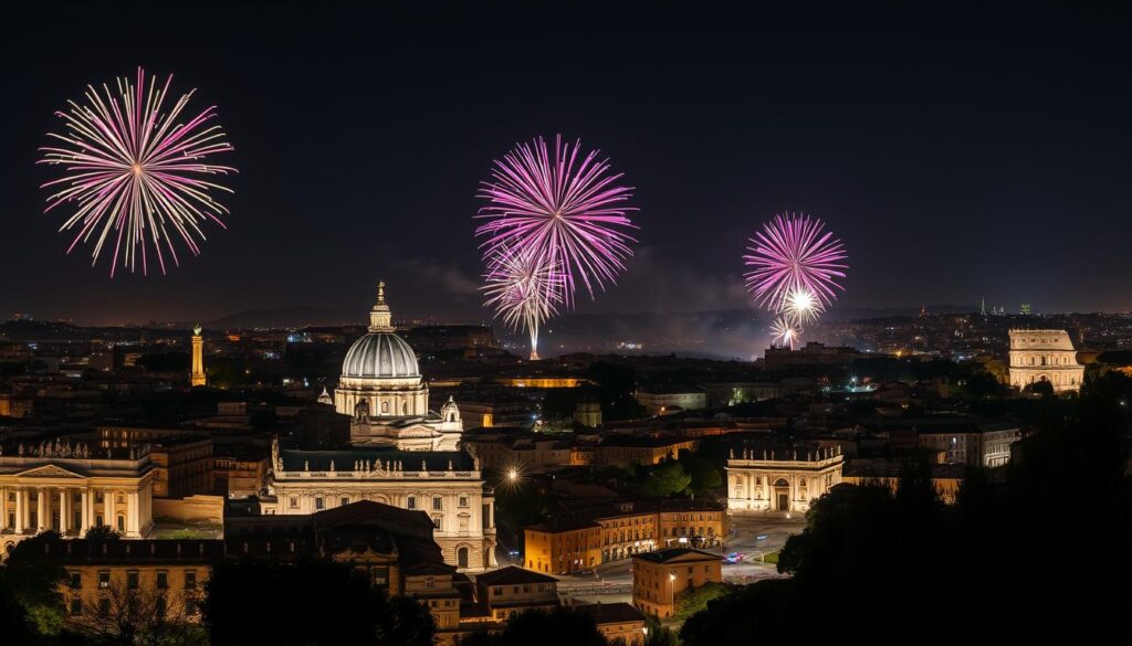 Blick auf das Silvester-Feuerwerk über Rom vom Gianicolo-Hügel aus
