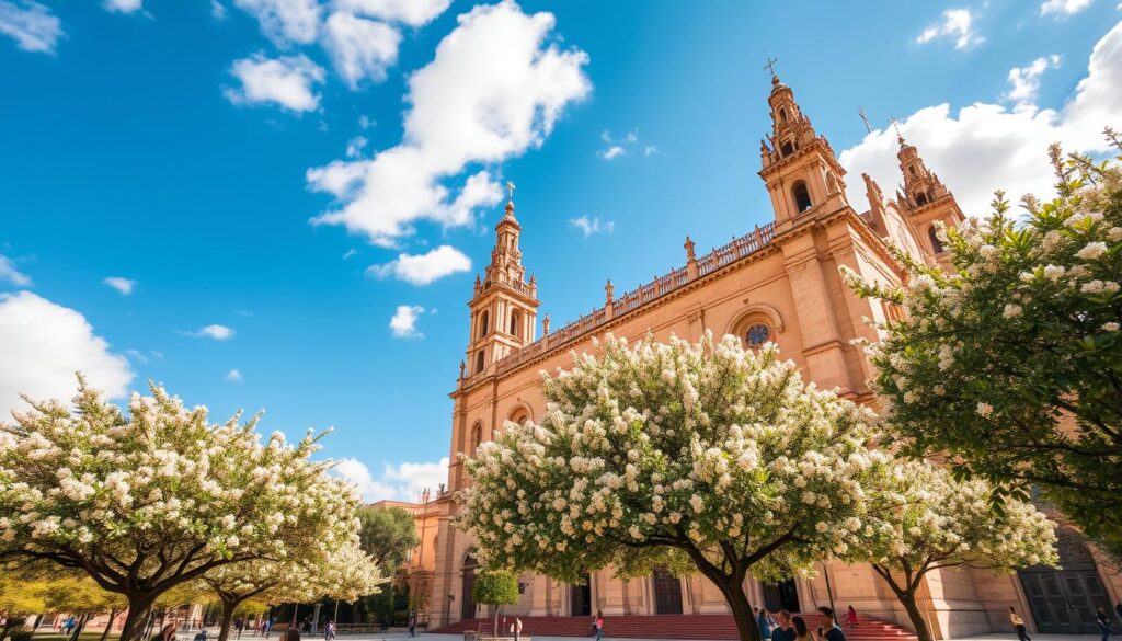 Blick auf die Kathedrale La Seu in Palma de Mallorca im Frühling mit blühenden Bäumen im Vordergrund