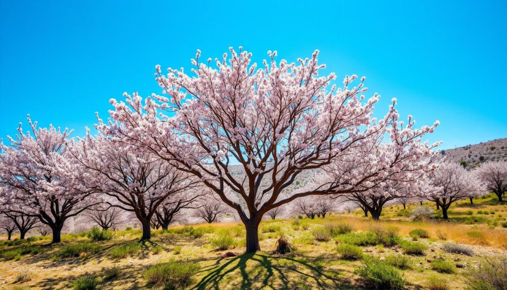 Blühende Mandelbäume auf Mallorca im Frühling mit rosa und weißen Blüten vor blauem Himmel