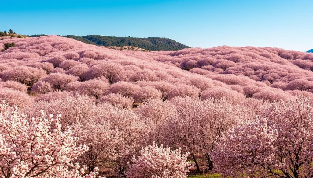 Blühende Mandelbäume auf Mallorca im Winter mit rosa und weißen Blüten