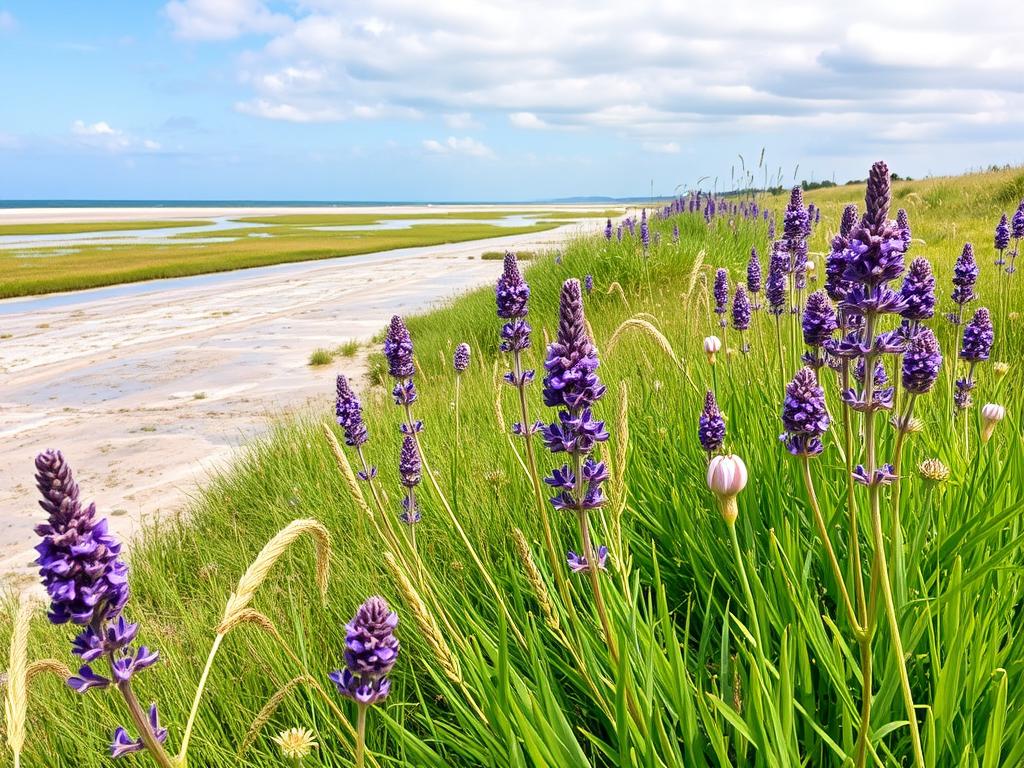 Blühende Salzwiesen an der Nordsee im Frühling - Pauschalurlaub Nordsee