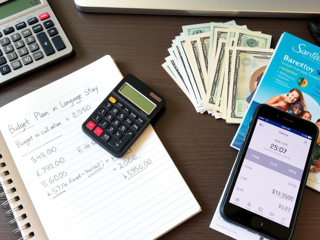 Budgetplanung für einen Sprachaufenthalt in Santa Barbara mit Taschenrechner und US-Dollar