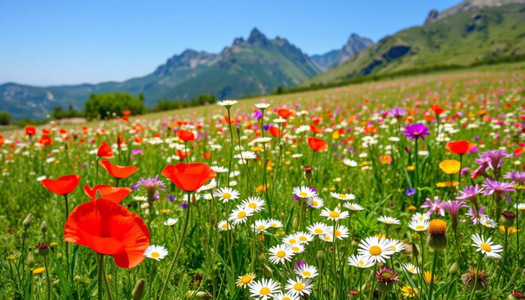 Bunte Wildblumenwiese auf Mallorca im Frühling mit Mohnblumen und Margeriten