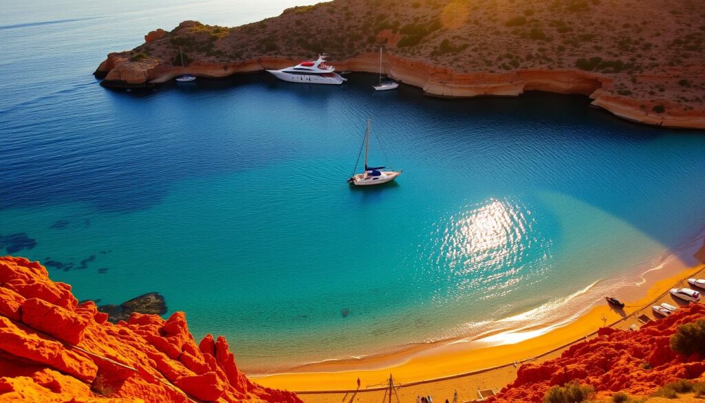 Cala Saona Bucht auf Formentera mit roten Felsen und türkisblauem Wasser - perfekt für einen Formentera Urlaub machen