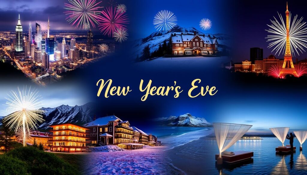 Collage verschiedener Silvester-Urlaubsziele und Feierlichkeiten