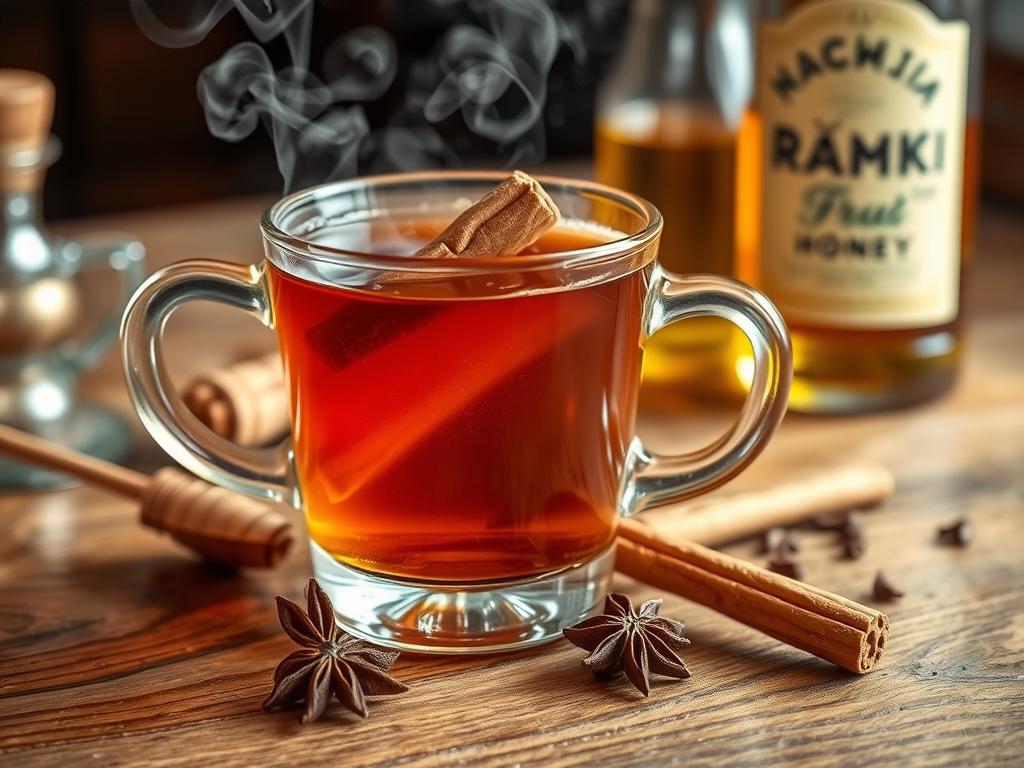 Dampfendes Glas Rakomelo mit Zimtstange und Nelken auf einem traditionellen griechischen Tisch