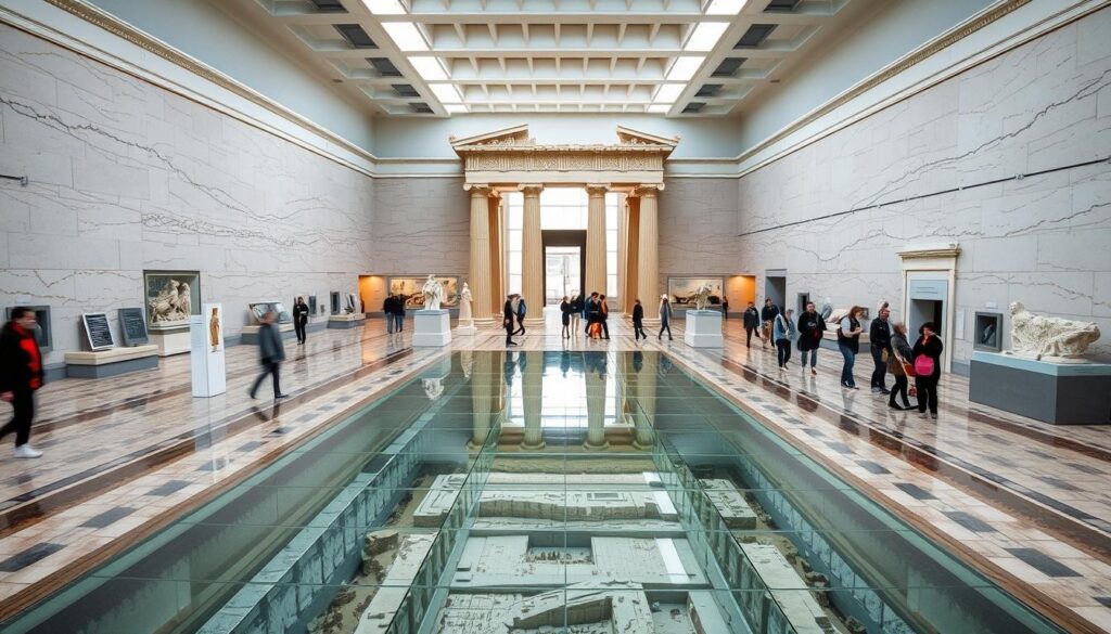 Das Akropolis-Museum in Athen im Winter mit wenigen Besuchern vor den antiken Ausstellungsstücken