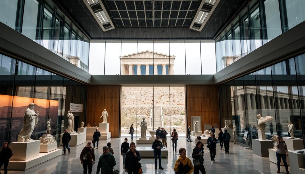 Das Akropolis-Museum in Athen mit antiken Ausstellungsstücken, ideal für regnerische Tage