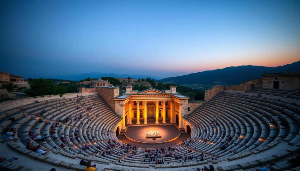 Das antike Theater von Epidauros im Abendlicht während einer Sommeraufführung