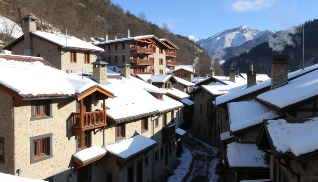 Das traditionelle Bergdorf Metsovo in Epirus mit schneebedeckten Dächern im Winter