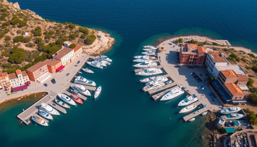 Der malerische Hafen von Porto Colom auf Mallorca im Sommer mit bunten Fischerbooten