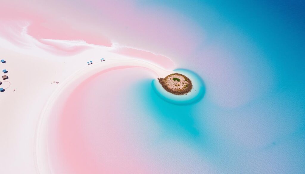 Der rosafarbene Sandstrand von Elafonissi auf Kreta mit türkisblauem Wasser