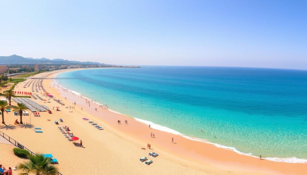 Der weitläufige Strand von Alcudia auf Mallorca im Sommer mit Blick auf die Bucht und die Berge
