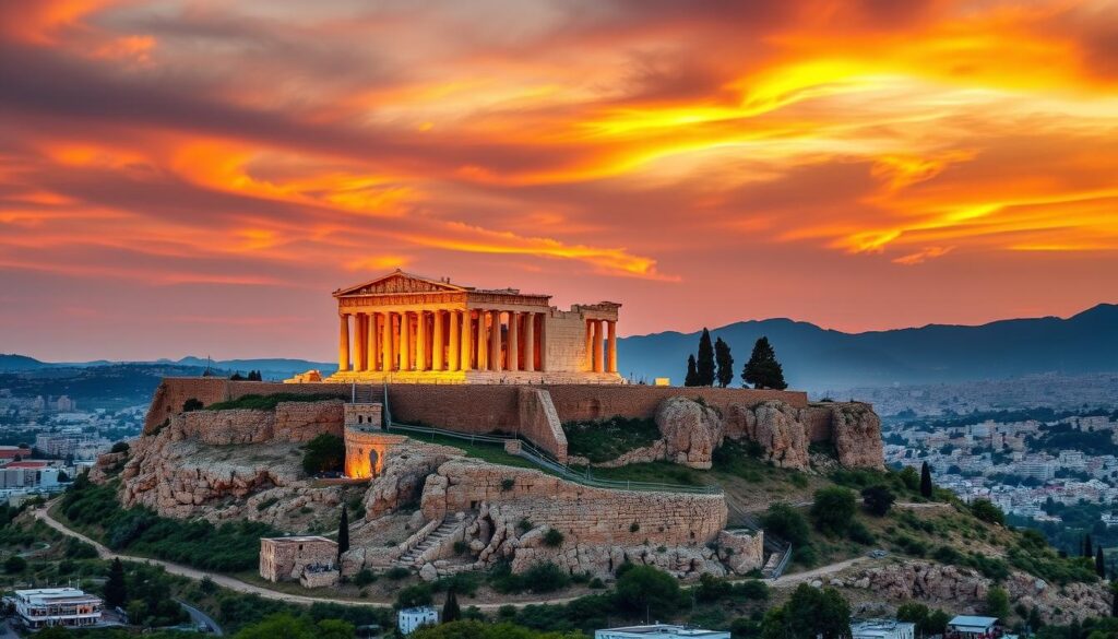 Die Akropolis in Athen bei Sonnenuntergang im Sommer mit goldener Beleuchtung