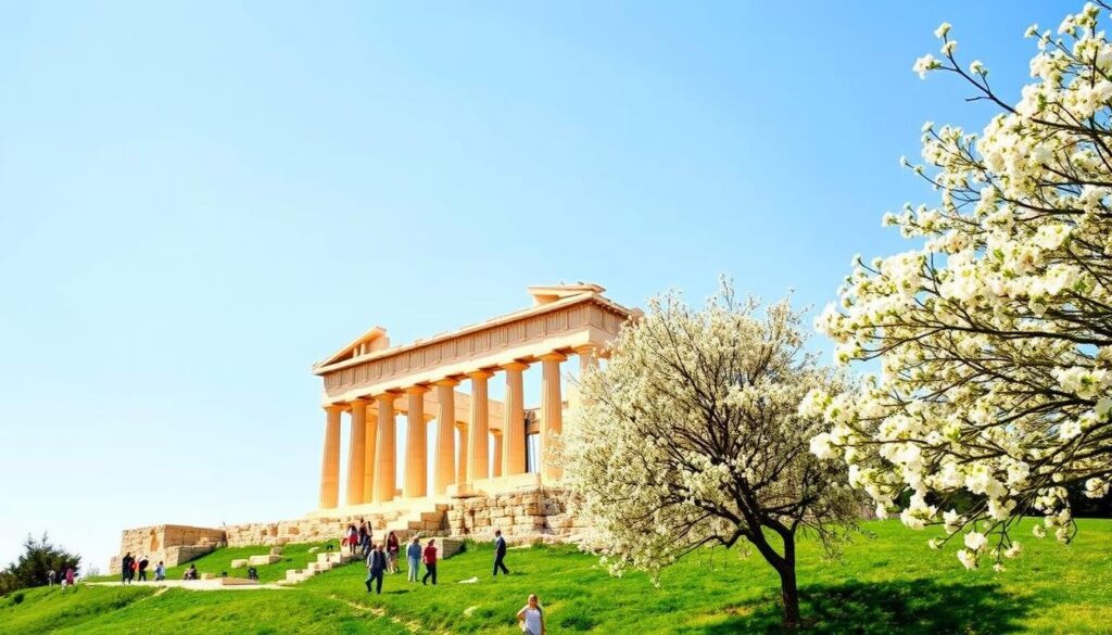 Die Akropolis in Athen im Frühling ohne Touristenmassen, umgeben von blühenden Bäumen