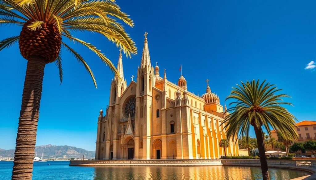 Die Kathedrale La Seu in Palma de Mallorca im Sommerlicht mit blauem Himmel
