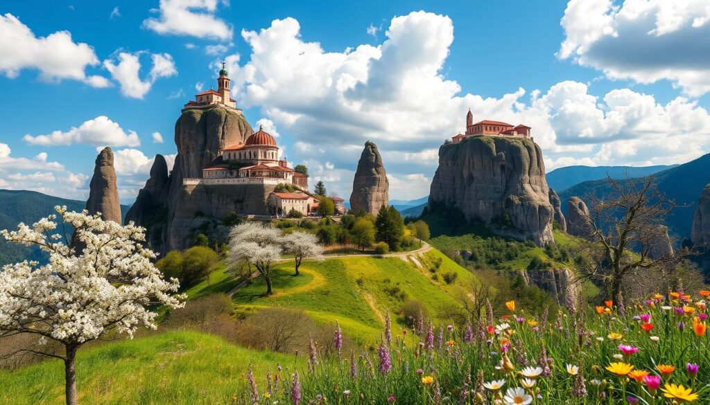 Die Klöster von Meteora auf Felssäulen im Frühling, umgeben von grünen Tälern und blühenden Bäumen