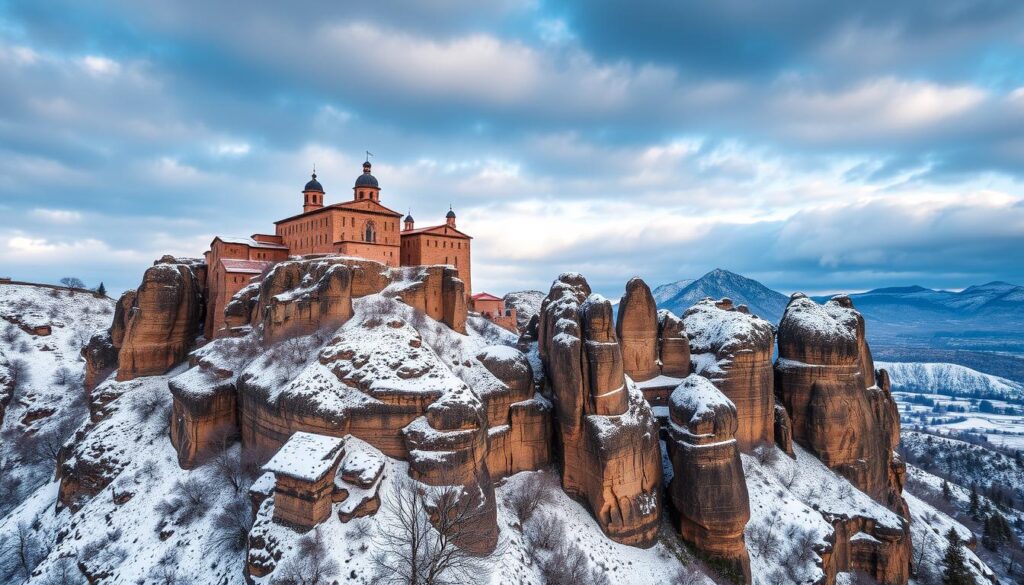 Die Klöster von Meteora im Winter mit schneebedeckten Felsen und dramatischem Himmel