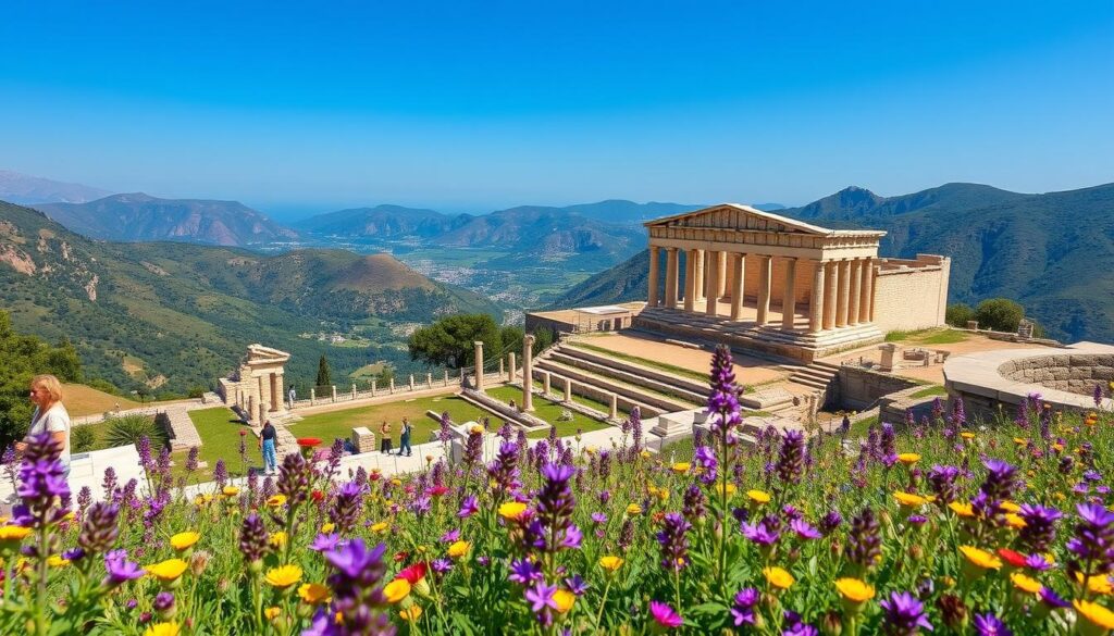 Die antike Stätte von Delphi im Frühling, umgeben von blühenden Wiesen und mit Blick auf die Berge