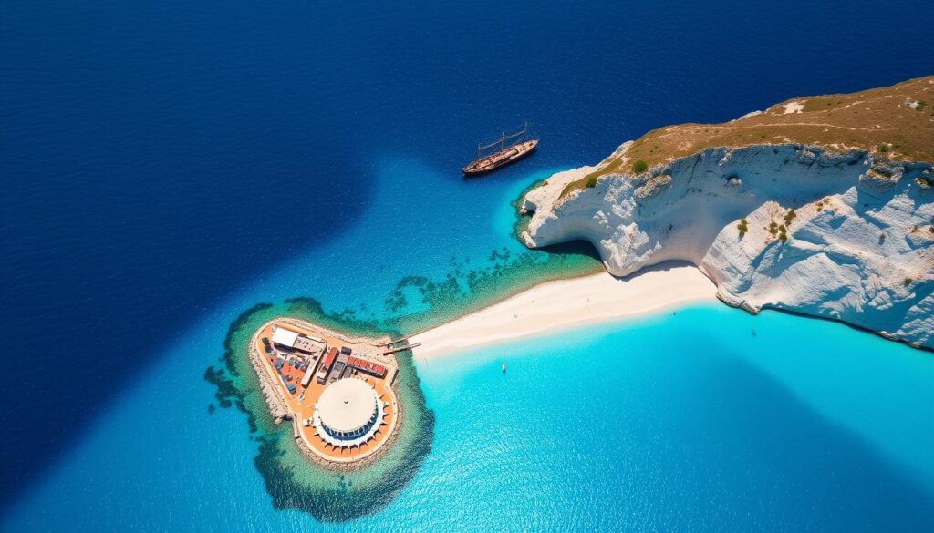 Die berühmte Navagio-Bucht (Schiffswrackbucht) auf Zakynthos mit türkisblauem Wasser und weißen Klippen