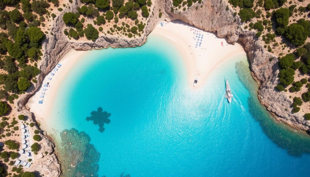 Die malerische Bucht Cala Santanyi auf Mallorca im Sommer mit türkisblauem Wasser und weißem Sand