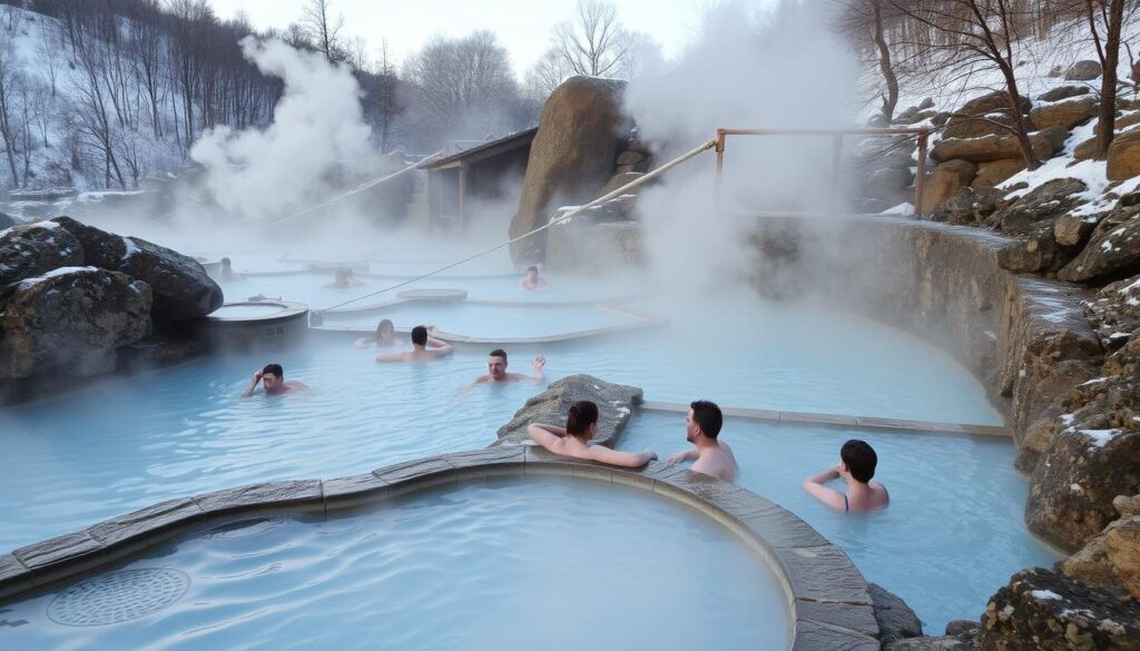 Die natürlichen Thermalbäder von Pozar mit dampfendem Wasser umgeben von winterlicher Landschaft