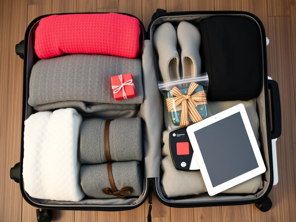 Effizient gepackter Handgepäckkoffer für Weihnachtsreise und billige Flüge