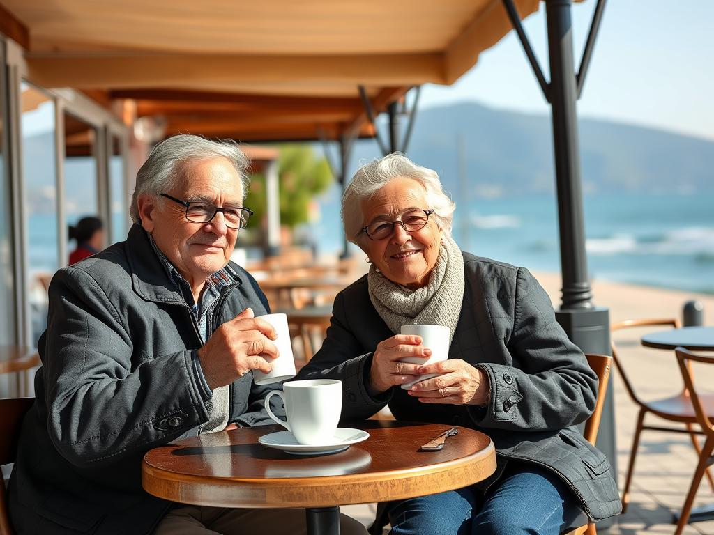 Ein deutsches Paar genießt seinen Langzeiturlaub Türkei Erfahrungen in einem Café in Side