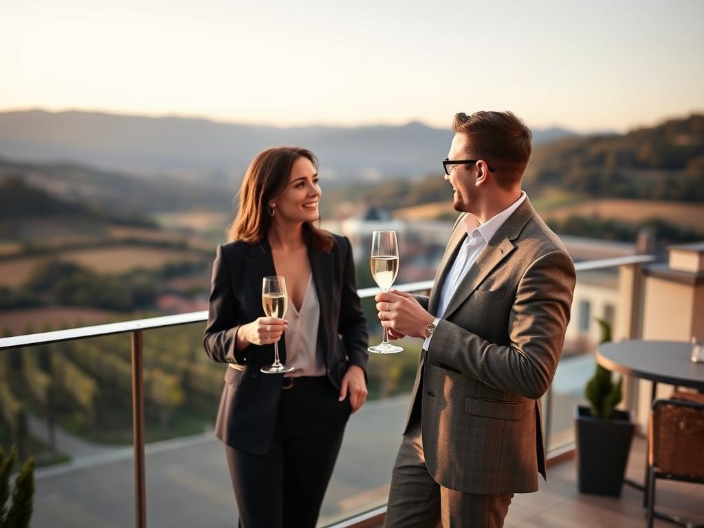 Elegantes Paar genießt Champagner auf einer Terrasse im Elsass