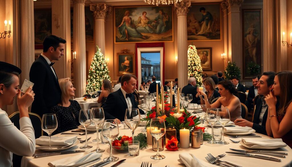 Elegantes Silvesterdinner in einem römischen Restaurant mit festlicher Dekoration