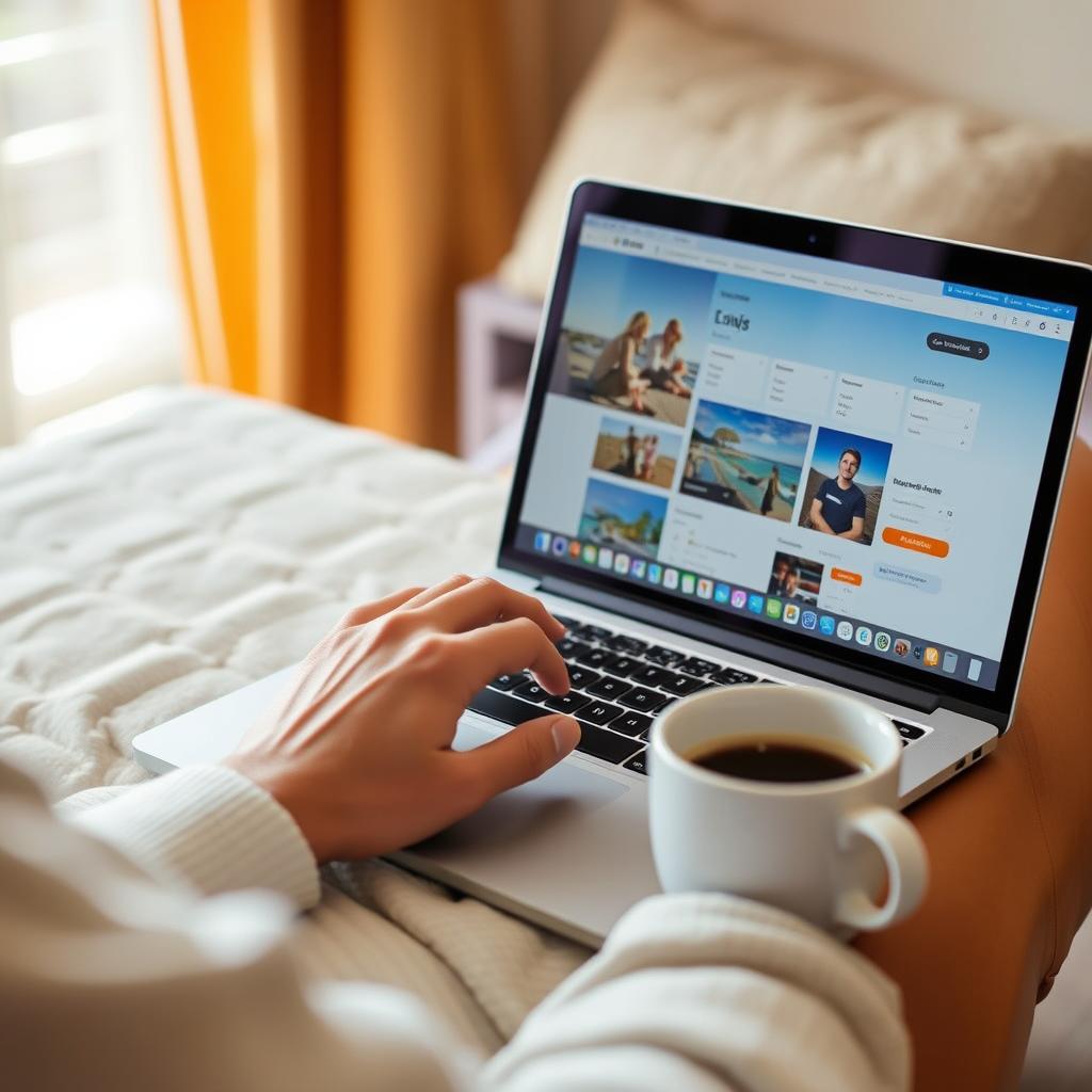 Entspannte Urlaubsplanung mit Laptop und Reiseunterlagen