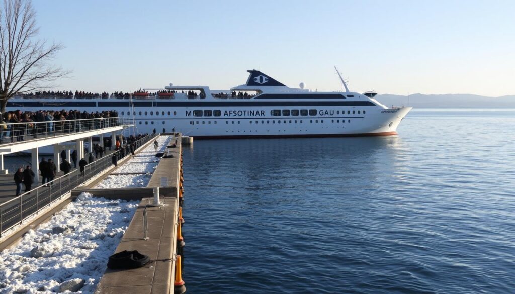Fähre im Hafen von Piräus bei ruhiger See im Winter mit wenigen Passagieren