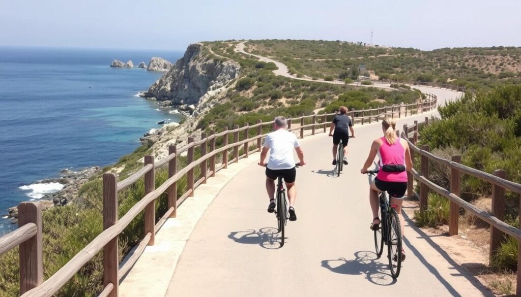 Fahrradfahrer auf einem der malerischen Wege durch die Natur von Formentera - beliebte Fortbewegung für deinen Formentera Urlaub machen