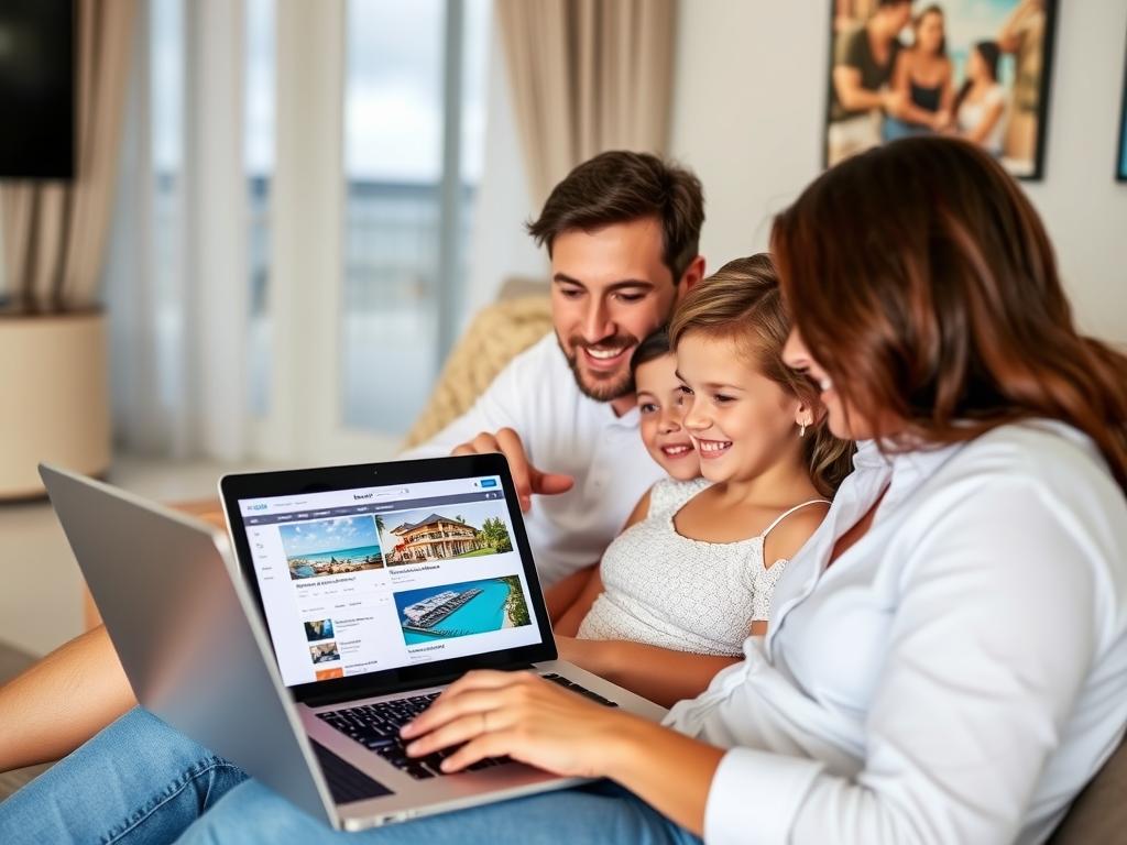 Familie plant ihre Pauschalreise Puerto Vallarta Mexico am Laptop