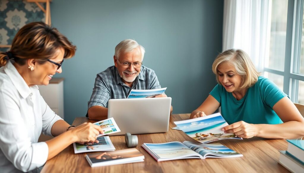 Familie wählt gemeinsam eine Pauschalreise aus verschiedenen Angeboten