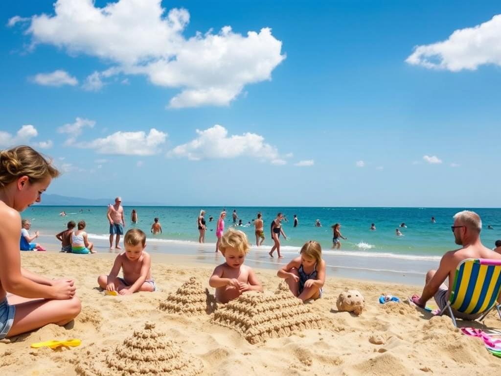 Familien genießen den Sommertag am Nordseestrand - Pauschalurlaub Nordsee