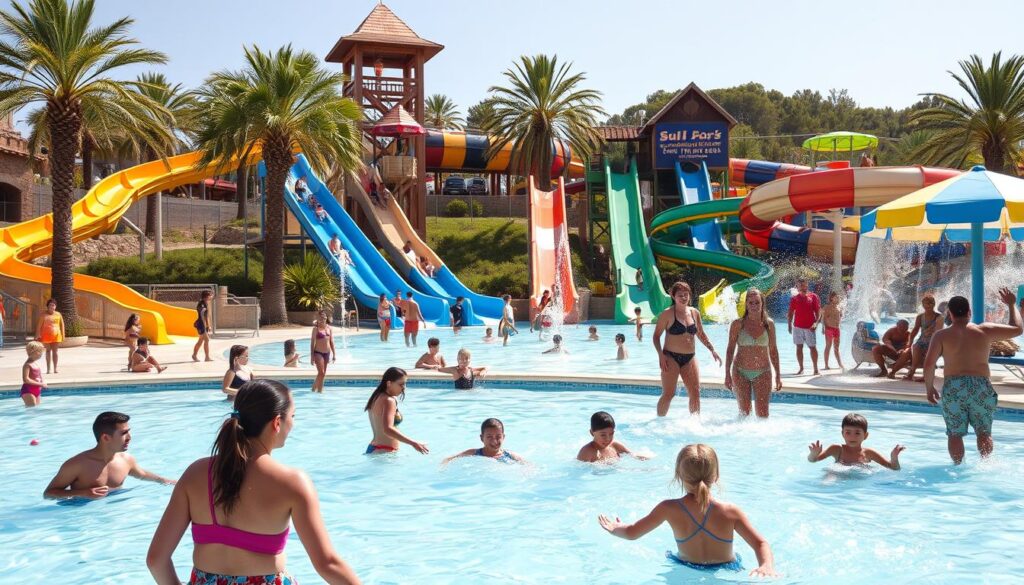Familien genießen einen Wasserpark auf Mallorca im Sommer mit Rutschen und Pools