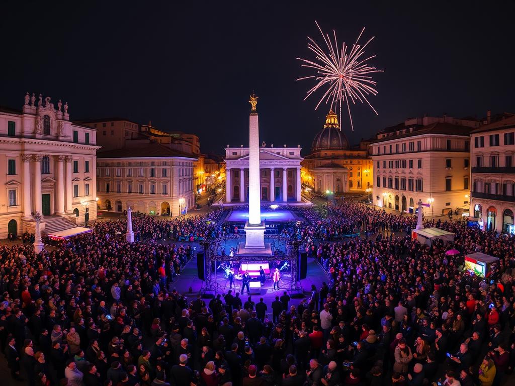 Feiernde Menschen auf der Piazza del Popolo während der Silvesterfeierlichkeiten in Rom