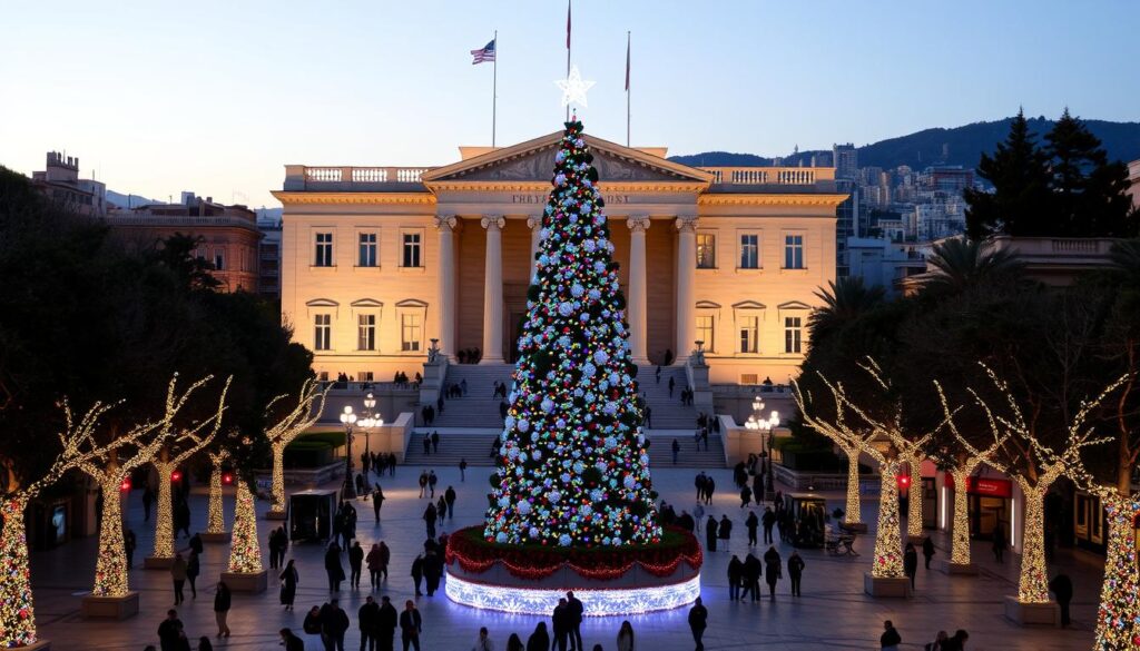 Festlich geschmückter Syntagma-Platz in Athen mit großem Weihnachtsbaum und Lichtern