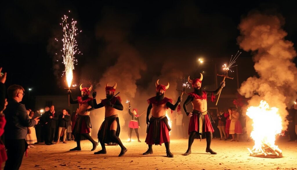 Feuershow während der Sant Antoni Feierlichkeiten auf Mallorca