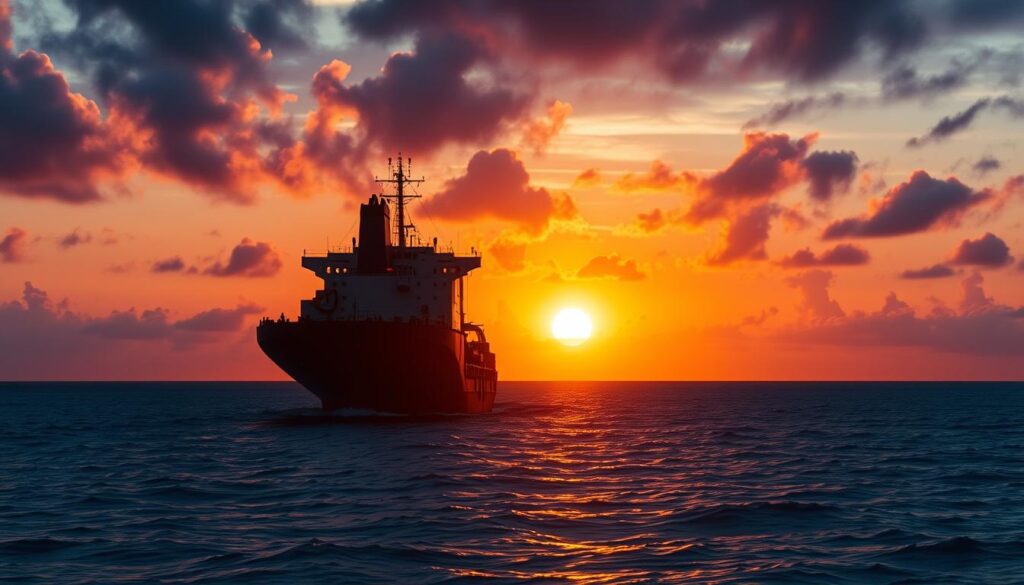 Frachtschiff bei Sonnenuntergang auf dem offenen Meer während einer Frachtschiffreise