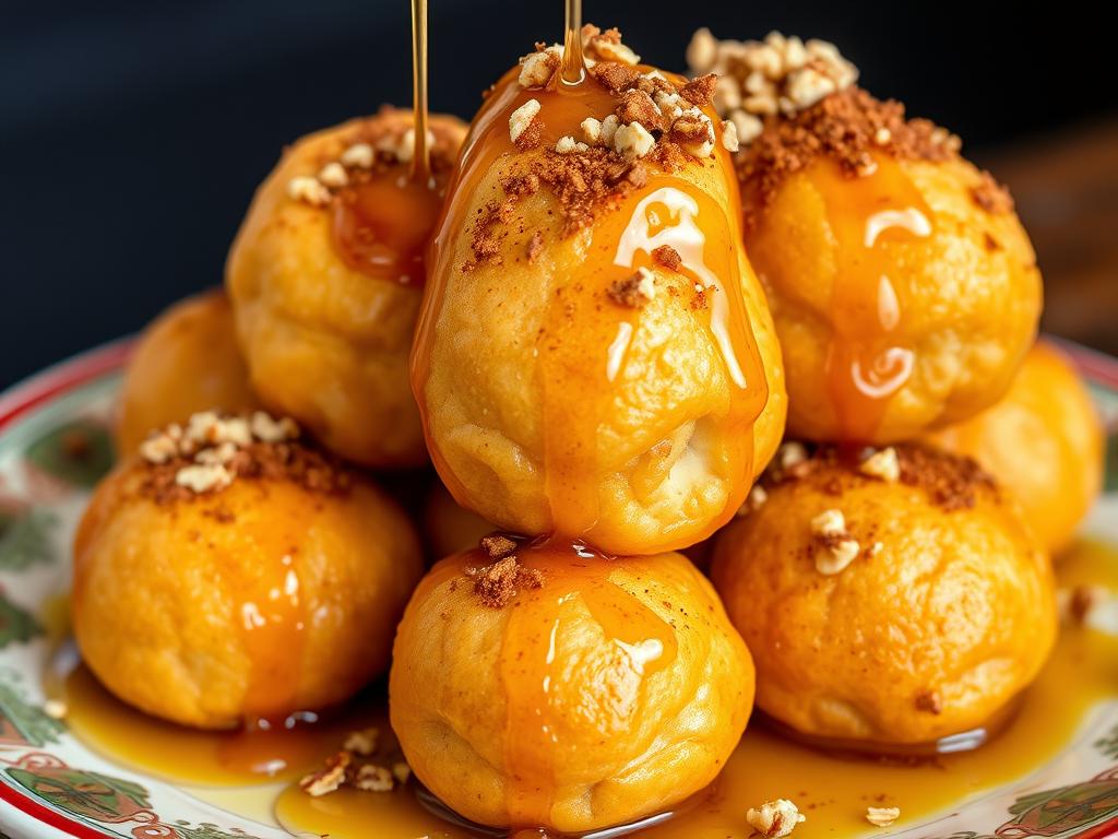 Frisch zubereitete Loukoumades (griechische Honigbällchen) mit Honig, Zimt und Nüssen