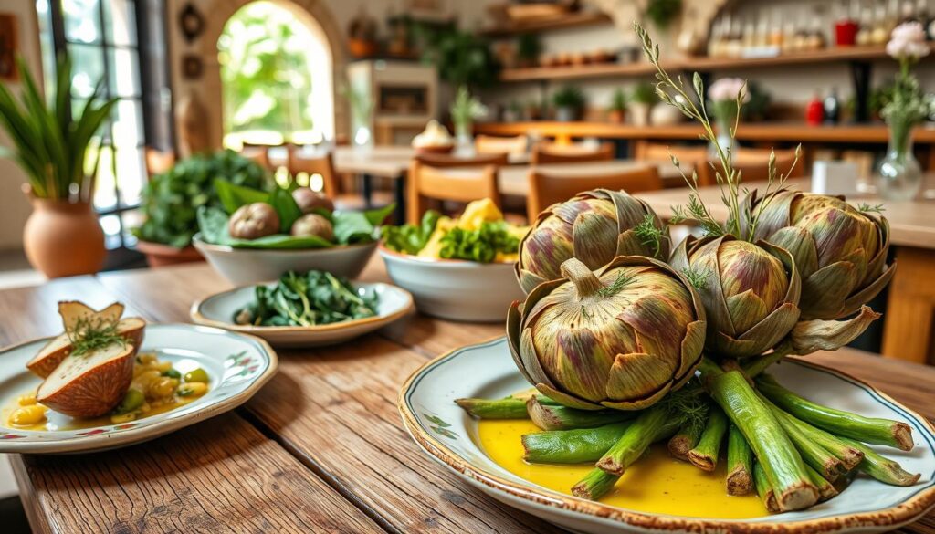 Frische Frühlingsgerichte mit Artischocken und lokalem Gemüse in einem Restaurant auf Mallorca