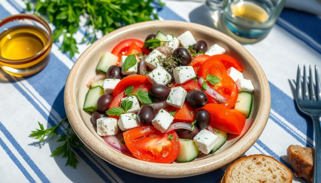 Frischer griechischer Salat mit Frühlingskräutern, Feta und Olivenöl in einer rustikalen Schüssel