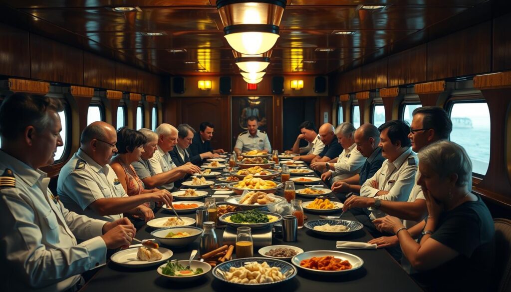Gemeinsames Essen im Speisesaal eines Frachtschiffs während einer Frachtschiffreise