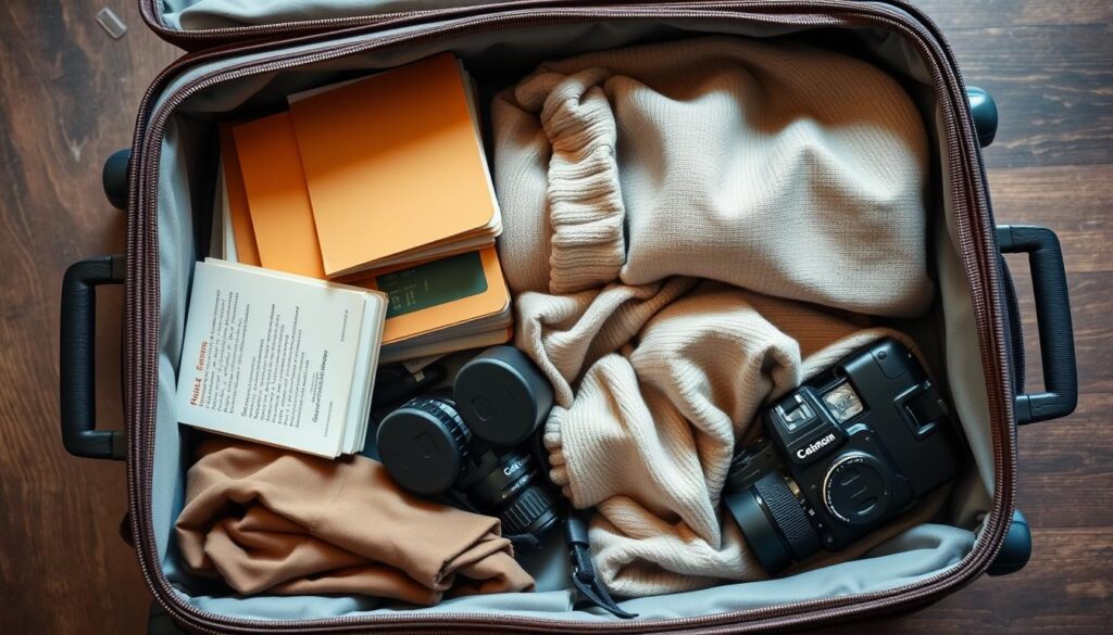 Gepackter Koffer mit essentiellen Utensilien für eine Frachtschiffreise